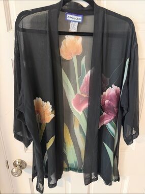 VTG Simply Silk Black Sheer 100% Silk Floral
Iris Kimono Jacket Art to Wear OS